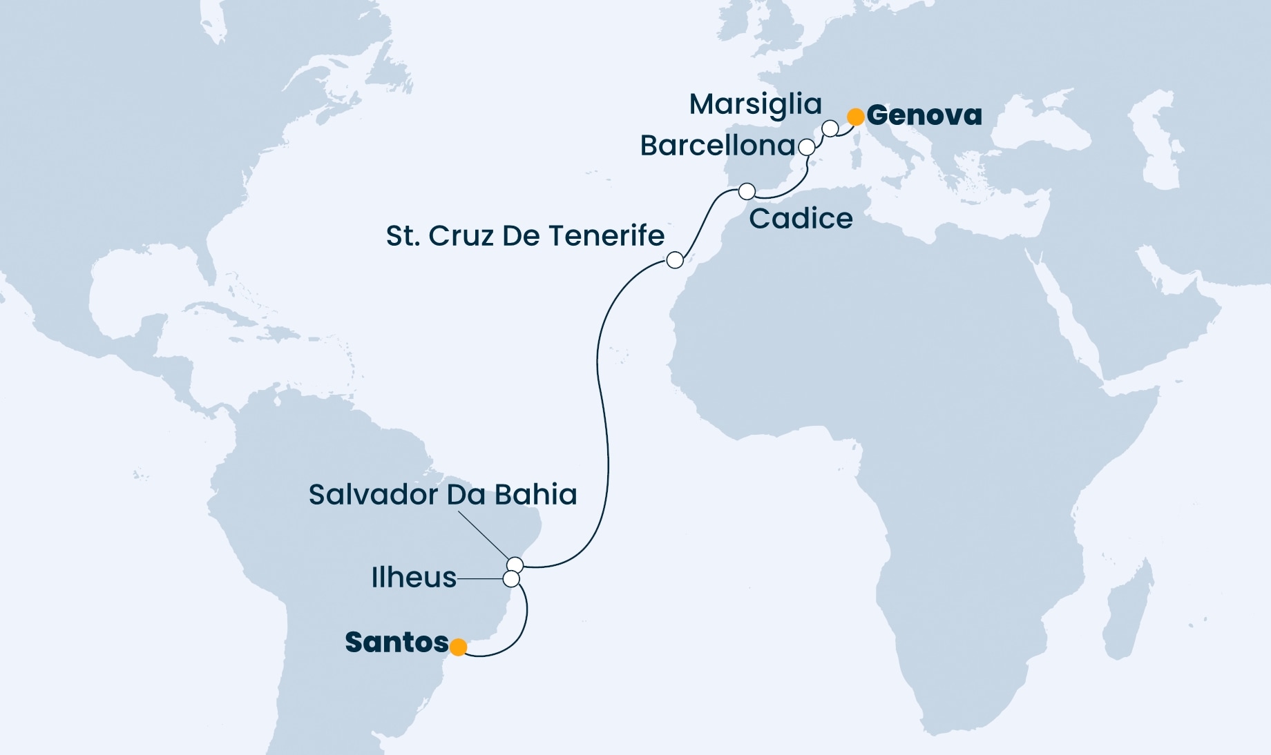 18 Night Transatlantic Cruise On Costa Firenze Departing From Genoa itinerary map