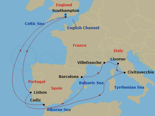 14 Night Mediterranean Cruise On Queen Mary 2 Departing From Southampton itinerary map