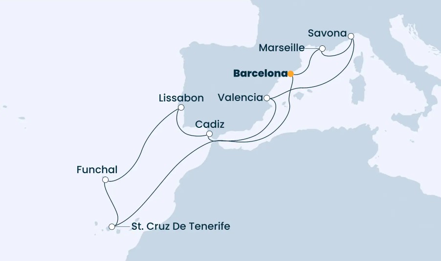 13 Night Mediterranean Cruise on Costa Diadema Departing Barcelona itinerary map