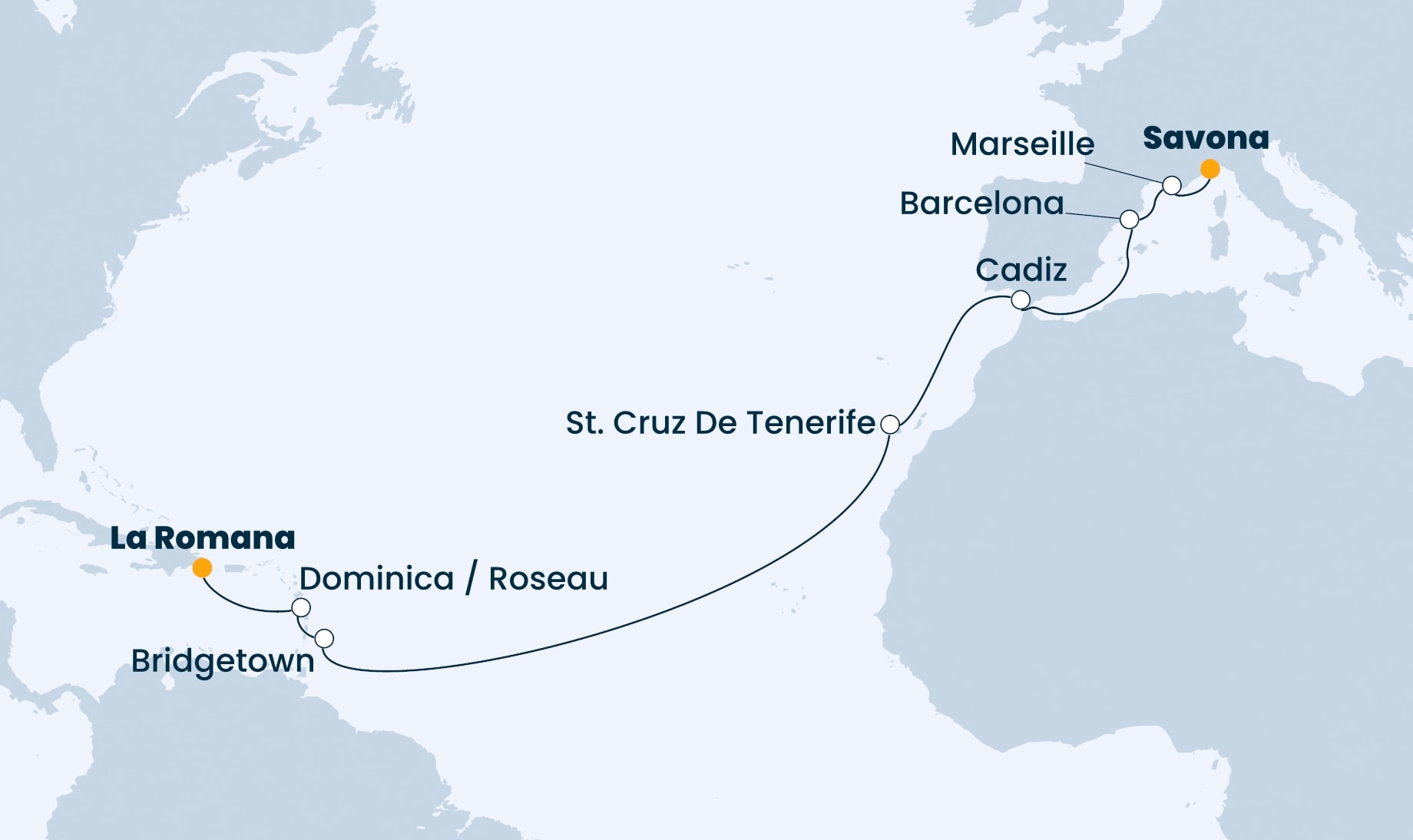 16 Night Transatlantic Cruise On Costa Pacifica Departing From Savona itinerary map