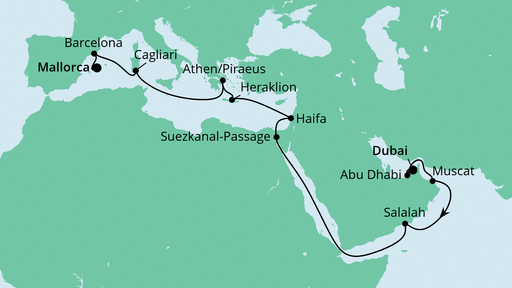 22 Night Repositioning Cruise On AIDAcosma Departing From Dubai itinerary map