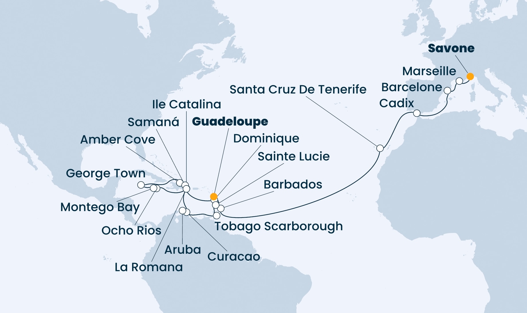34 Night Transatlantic Cruise On Costa Pacifica Departing From Savona itinerary map