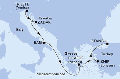 7 Night Eastern Mediterranean Cruise On MSC Fantasia Departing From Trieste itinerary map