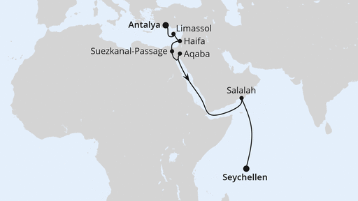 16 Night Repositioning Cruise On AIDAblu Departing From Antalya itinerary map
