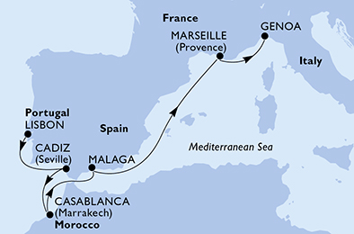 7 Night Mediterranean Cruise On MSC Virtuosa Departing From Lisbon itinerary map