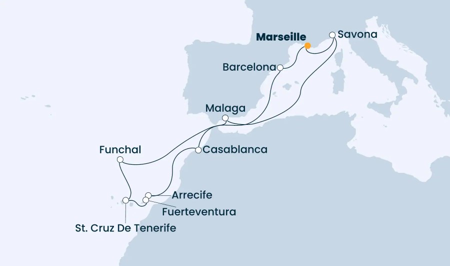 14 Night Mediterranean Cruise on Costa Pacifica Departing Marseille itinerary map