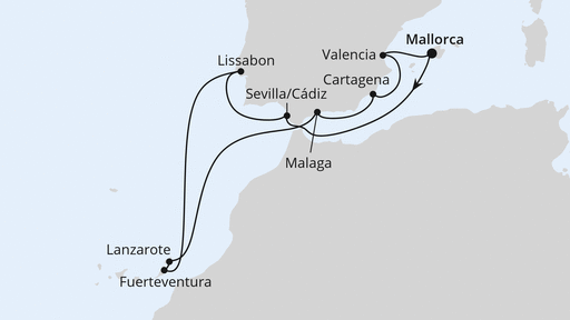 12 Night Canary Islands Cruise On AIDAdiva Departing From Palma de Mallorca itinerary map