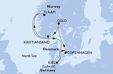 7 Night Norwegian Fjords Cruise On MSC Grandiosa Departing From Kiel itinerary map