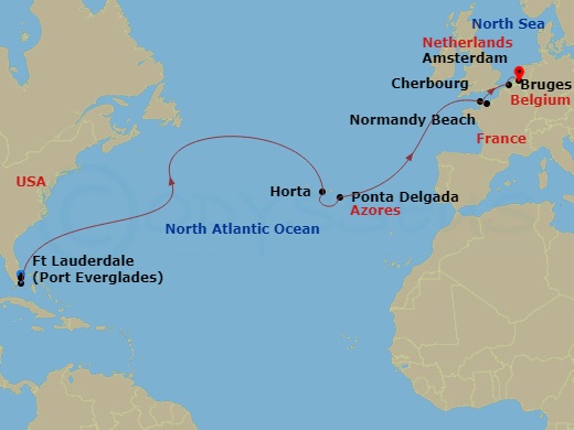 14 Night Transatlantic Cruise On Rotterdam Departing From Fort Lauderdale itinerary map