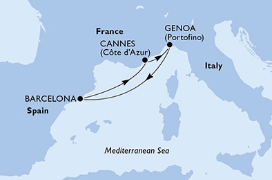 4 Night Mediterranean Cruise On MSC Grandiosa Departing From Genoa itinerary map