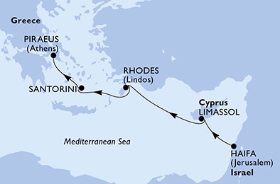 4 Night Mediterranean Cruise On MSC Lirica Departing From Haifa Israel itinerary map