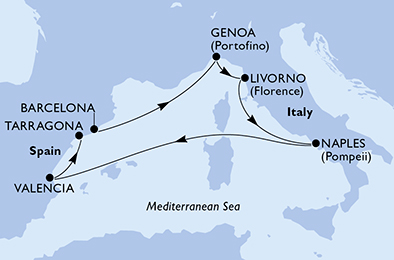 7 Night Mediterranean Cruise On MSC Bellissima Departing From Genoa itinerary map