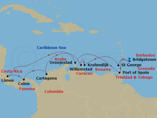 14 Night Caribbean Cruise On Rhapsody of the Seas Departing From Bridgetown Barbados itinerary map