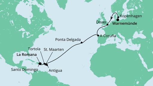 18 Night Transatlantic Cruise On AIDAdiva Departing From Warnemunde itinerary map