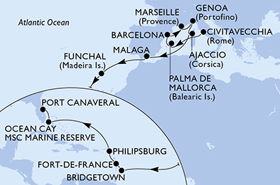 22 Night Transatlantic Cruise On MSC Meraviglia Departing From Civitavecchia Rome itinerary map