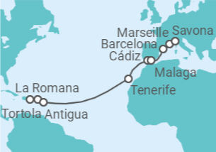 16 Night Transatlantic Cruise On Costa Pacifica Departing From La Romana itinerary map