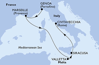 6 Night Mediterranean Cruise On MSC Divina Departing From Genoa itinerary map