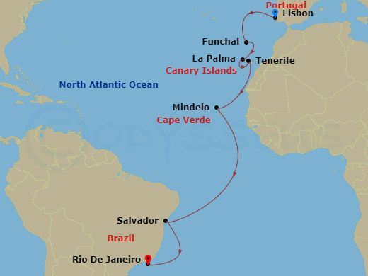 16 Night Transatlantic Cruise On Azamara Pursuit Departing From Lisbon itinerary map