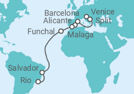 17 Night Transatlantic Cruise On MSC Armonia Departing From Venice itinerary map
