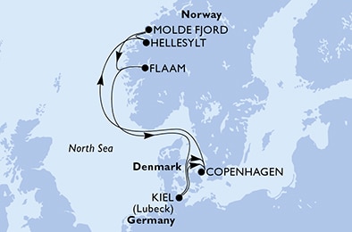 8 Night Norwegian Fjords Cruise On MSC Grandiosa Departing From Kiel itinerary map