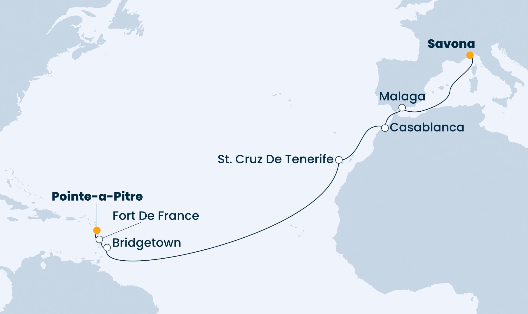 14 Night Transatlantic Cruise On Costa Fascinosa Departing From Savona itinerary map
