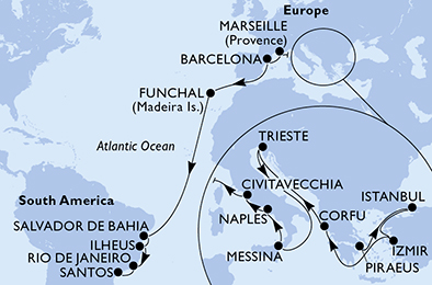 27 Night Transatlantic Cruise On MSC Fantasia Departing From Piraeus(Athens) itinerary map