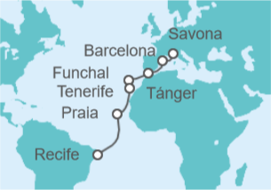 14 Night Transatlantic Cruise On Costa Pacifica Departing From Savona itinerary map