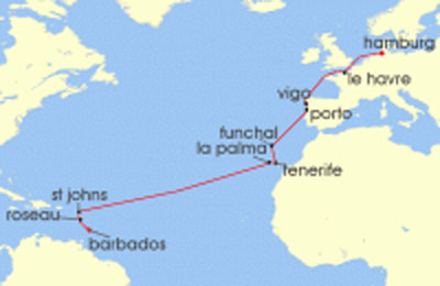 19 Night Transatlantic Cruise On AIDAperla Departing From Bridgetown Barbados itinerary map
