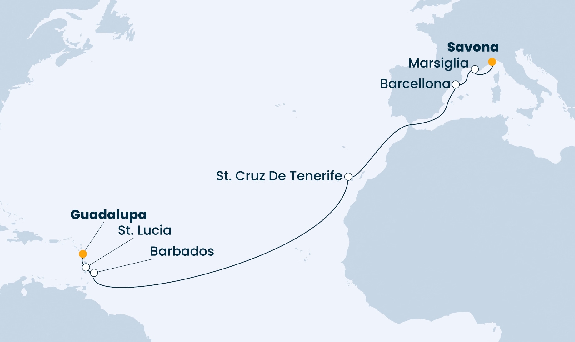 14 Night Transatlantic Cruise On Costa Fascinosa Departing From Pointe-à-Pitre itinerary map