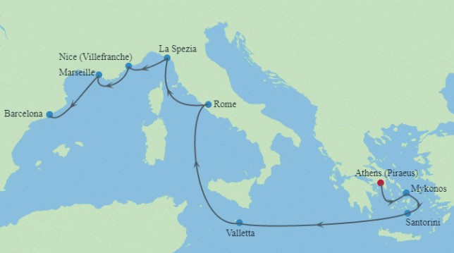 10 Night Mediterranean Cruise On Celebrity Apex Departing From Piraeus(Athens) itinerary map