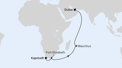 19 Night Repositioning Cruise On AIDAprima Departing From Cape Town itinerary map