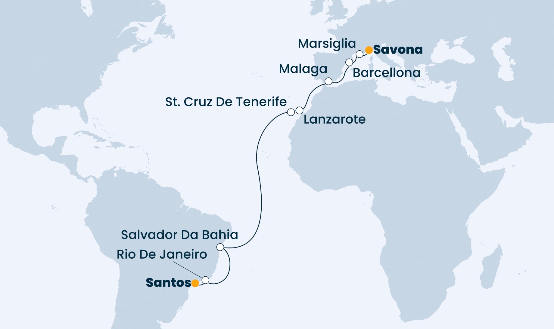 19 Night Transatlantic Cruise On Costa Firenze Departing From Santos itinerary map