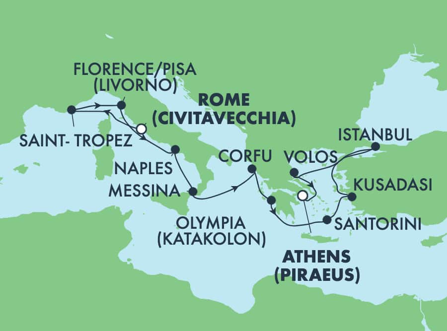 11 Night Mediterranean Cruise On Norwegian Star Departing From Civitavecchia Rome itinerary map