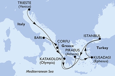 8 Night Eastern Mediterranean Cruise On MSC Splendida Departing From Trieste itinerary map