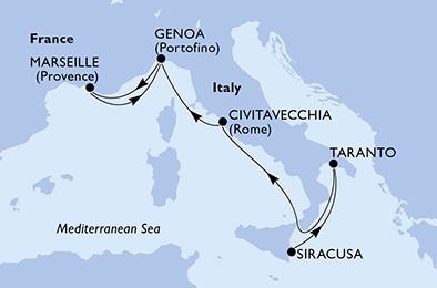6 Night Mediterranean Cruise On MSC Splendida Departing From Syracuse itinerary map