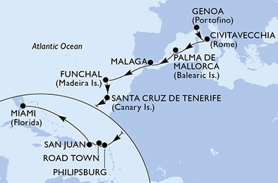20 Night Transatlantic Cruise On MSC Magnifica Departing From Genoa itinerary map