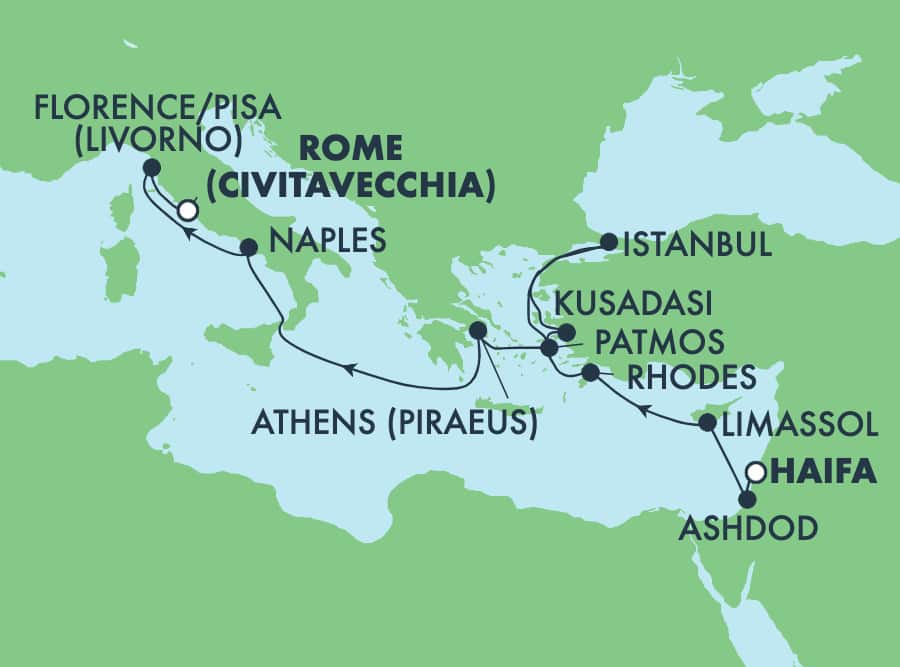 11 Night Mediterranean Cruise On Norwegian Epic Departing From Haifa itinerary map