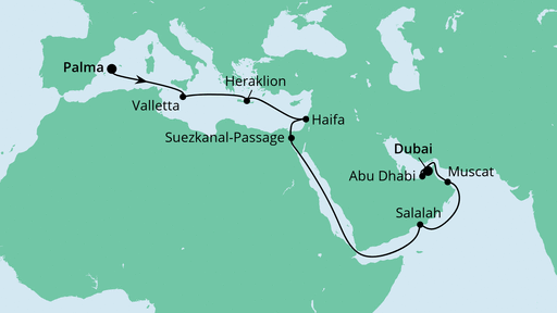20 Night Repositioning Cruise On AIDAcosma Departing From Palma de Mallorca itinerary map