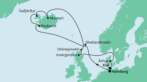 14 Night Iceland Cruise On AIDAbella Departing From Hamburg itinerary map