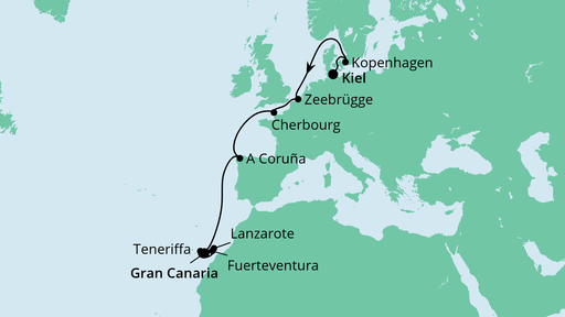 14 Night Repositioning Cruise On AIDAnova Departing From Kiel itinerary map