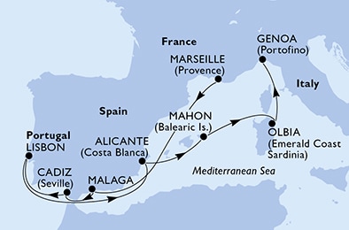 9 Night Mediterranean Cruise On MSC Orchestra Departing From Marseille itinerary map
