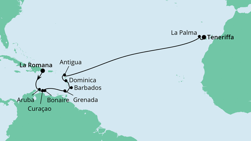 17 Night Transatlantic Cruise On AIDAperla Departing From La Romana itinerary map