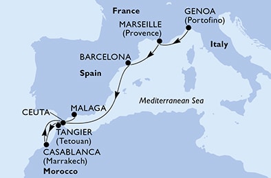 7 Night Mediterranean Cruise On MSC Lirica Departing From Genoa itinerary map