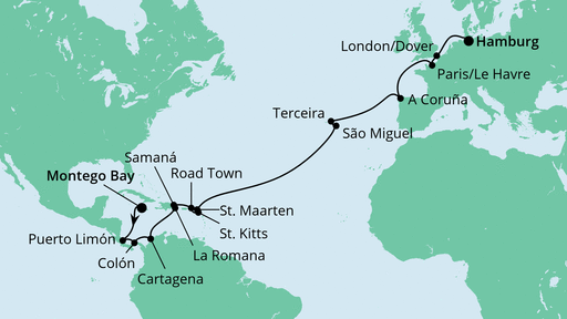 25 Night Transatlantic Cruise On AIDAluna Departing From Montego Bay itinerary map