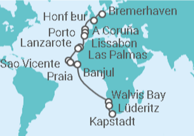 27 Night Repositioning Cruise On AIDAaura Departing From Bremerhaven itinerary map