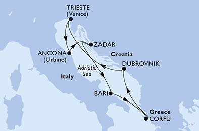 7 Night Mediterranean Cruise On MSC Fantasia Departing From Bari itinerary map
