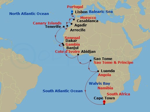 21 Night Africa Cruise On Norwegian Sky Departing From Lisbon itinerary map