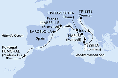 9 Night Repositioning Cruise On MSC Fantasia Departing From Trieste itinerary map