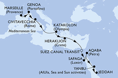 13 Night Repositioning Cruise On MSC Splendida Departing From Marseille itinerary map