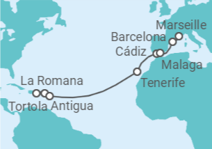 15 Night Transatlantic Cruise On Costa Pacifica Departing From La Romana itinerary map